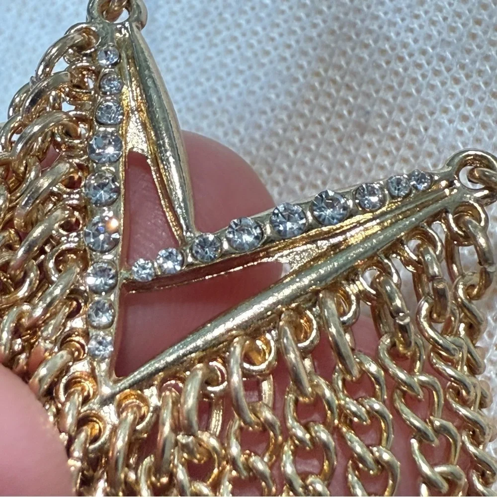 Gold Geometric Chevron Necklace with chain Fringe embezzled CZ stones
